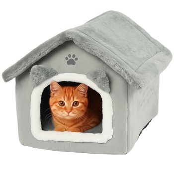 Soft Plush Cat Bed House with Removable Cushion Purlov 25706, Grey