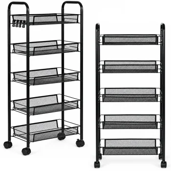 ModernHome Mobile Metal Shelving Unit Organizer with 5 Shelves and Wheels, Black