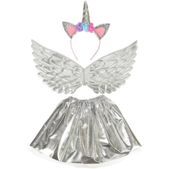 Unicorn Costume for Girls Dress Up Outfit with Skirt Wings and Headband, Silver