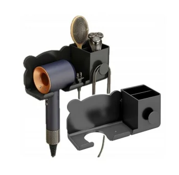 Wall-Mounted Hair Dryer Holder with Compartments, Black