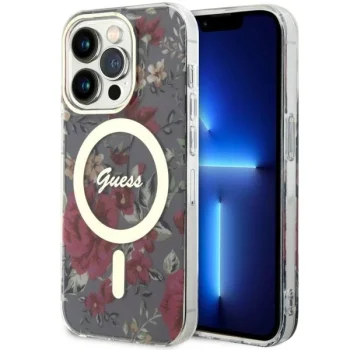 Guess iPhone 14 Pro Case IML Flower MagSafe, Khaki