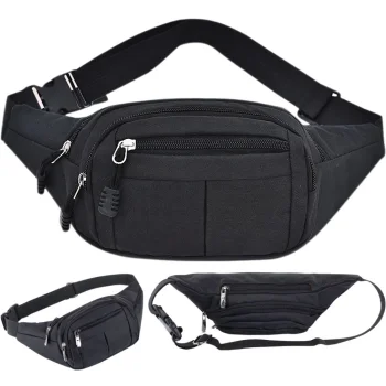 Unisex Fanny Pack Belt Bag with 4 Zipper Pockets, Black