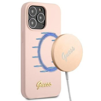 Apple iPhone 13 Pro 6.1'' Guess Silicone Script Gold Logo Magsafe Case Cover (GUHMP13LLSLMGLP), Pink