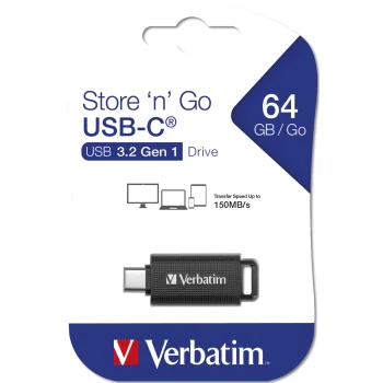 USB Flash Drive Verbatim Store 'n' Go 64GB USB-C USB 3.2 Gen 1 Retractable, Black