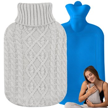 Large rubber hot water bottle with sweater cover, 2L, grey