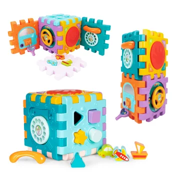 Interactive learning cube 6-in-1 with shape sorter, sounds and lights for toddlers