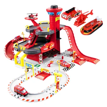 Fire Station Toy Garage Playset 3 Levels with Elevator Cars and Helicopter 74 Pieces