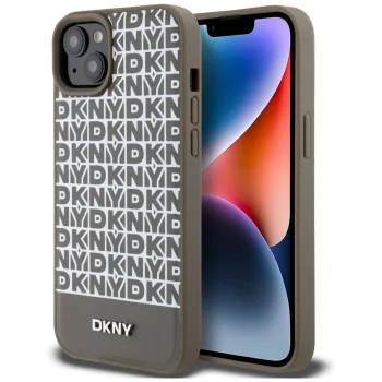 DKNY iPhone 15 Case Leather Printed Pattern MagSafe, Brown