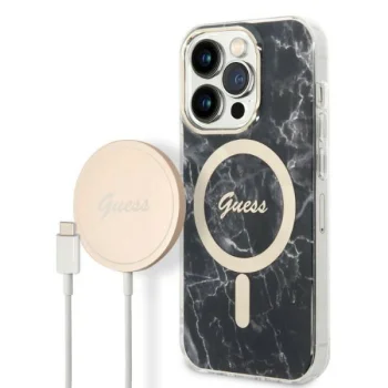 Apple iPhone 14 Pro Max 6.7'' Guess Marble MagSafe Case Cover + Charger (GUBPP14XHMEACSK), Black