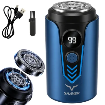 Compact Cordless Electric Shaver with USB-C and LED Display, Blue