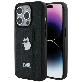 Karl Lagerfeld iPhone 14 Pro Case Gripstand Saffiano Choupette Pin, Black