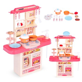 Kids kitchen playset with sounds, LED lights, and working sink, 10 accessories, pink