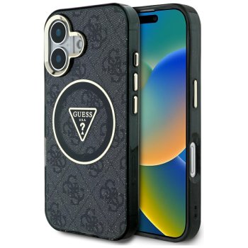 Guess IML Metal Glitter 4G Circle Triangle MagSafe Case for iPhone 16, Black