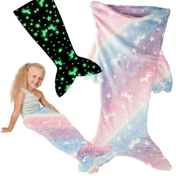 Glow in the Dark Mermaid Tail Blanket for Girls, Soft Fleece Wearable Sleeping Bag