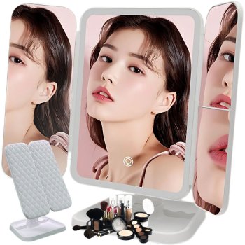 Tri-Fold LED Lighted Makeup Mirror with Magnification, USB, 3 Colors, White