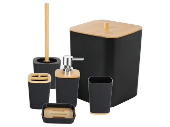 Bathroom Accessory Set, 6 Pieces, Black/Bamboo
