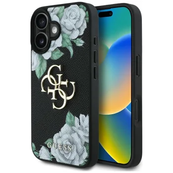 Apsauginis dėklas Guess Grained Roses Big 4G logo iPhone 16, juodas