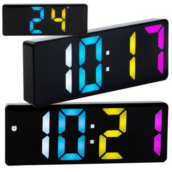 Digital LED Alarm Clock with Thermometer, Date, Color Display, Black