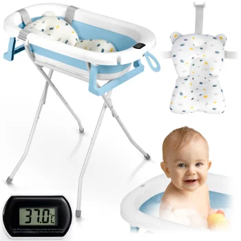 Ricokids RK-287 Foldable Baby Bath Tub with Stand, Thermometer and Cushion, White/Blue
