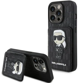 Apple iPhone 15 Pro Max 6.7" Karl Lagerfeld Saffiano Cardslots and Stand Monogram Ikonik Patch Case Cover, Black