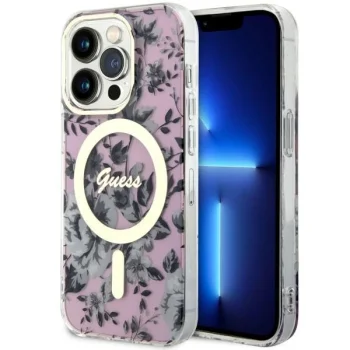 Guess iPhone 14 Pro Case Flower MagSafe, Pink