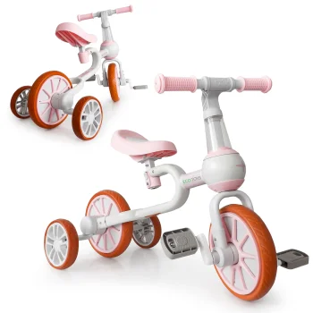 ECOTOYS 4-in-1 Kids Bike with Pedals and Training Wheels, Pink