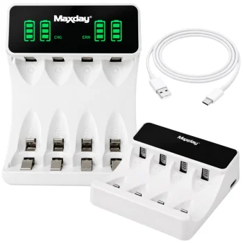 Maxday C704Y4 AA/AAA Battery Charger with LCD Display and USB-C, White