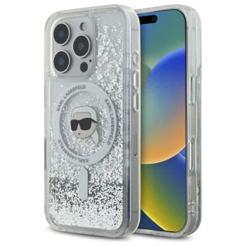 Karl Lagerfeld iPhone 16 Pro Case Liquid Glitter Karl Head MagSafe, Transparent
