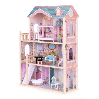 Ecotoys Large Wooden Dollhouse, 3 Floors, 11 Furniture Pieces