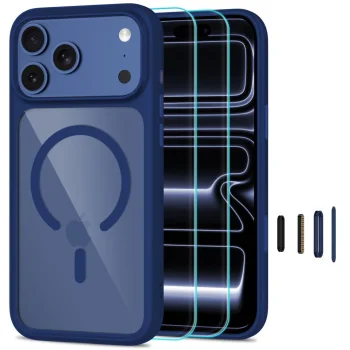 Tech-Protect MagOne MagSafe CC Case + 2 Tempered Glasses for iPhone 18 Pro / 17 Pro, Clear Navy Blue