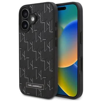 Karl Lagerfeld iPhone 16 Plus Case Leather Monogram Metal Logo, Black