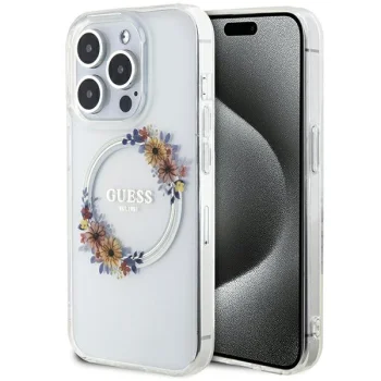 Guess iPhone 15 Pro Max Case IML Flowers Wreath MagSafe, Clear