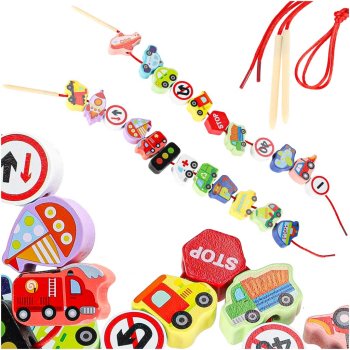 Wooden Lacing Beads Toy with Vehicles and Road Signs