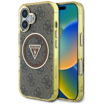 Guess IML Metal Glitter 4G Circle Triangle MagSafe dėklas telefonui iPhone 16, rudas