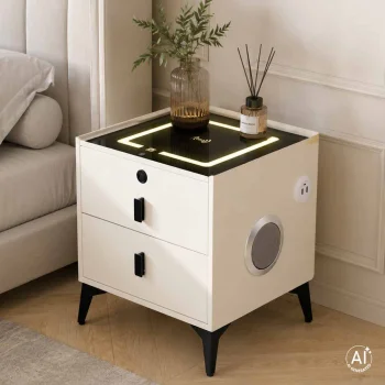 Smart Bedside Table with Fingerprint Lock and Wireless Charging, Ecru