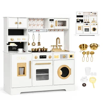 ECOTOYS Wooden Play Kitchen for Kids with Coffee Maker and Accessories, White