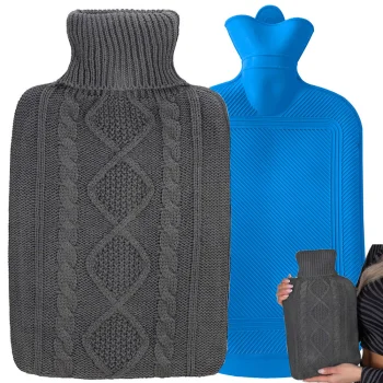 Rubber Hot Water Bottle with Knitted Cover 2L, 34 x 19 cm, Dark Grey