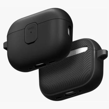 Ausinių dėklas Uniq Clyde, skirtas AirPods Pro 3, juodas ir pilkas