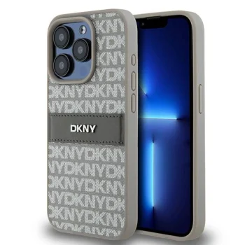 DKNY iPhone 15 Pro Case Mono Stripe & Metal Logo, Beige