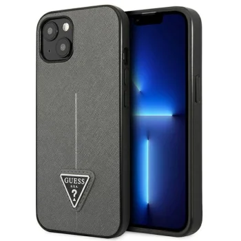Guess Saffiano Triangle Logo Case for iPhone 14, Silver