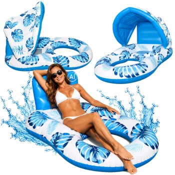 Inflatable Pool Lounge Chair Float with Canopy and Backrest 140 x 78 cm, Blue