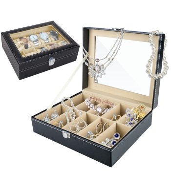 10-Slot Watch Box with Glass Display Lid, Black PU Leather