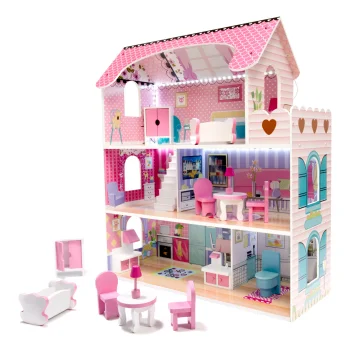 Wooden MDF Play Dollhouse with Furniture 70cm, Pink