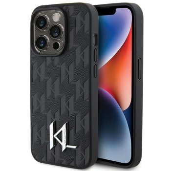 Apple iPhone 15 Pro Max 6.7'' Karl Lagerfeld Leather Monogram Hot Stamp Metal Logo Cover Case, Black