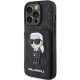 Apple iPhone 15 Pro 6.1\" Karl Lagerfeld Saffiano Cardslots and Stand Monogram Ikonik Patch Case Cover, Black