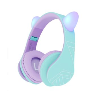 Детские наушники PowerLocus P2 Kids с ушками, фиолетовые/бирюзовые
