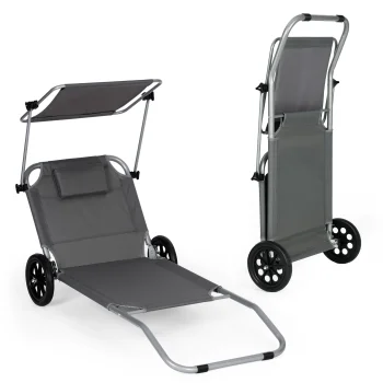 MultiGarden Folding Beach Lounger on Wheels with Canopy, Grey