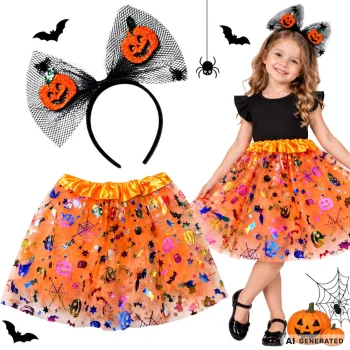 Girls Halloween Costume Set: Pumpkin Tutu Skirt and Bow Headband