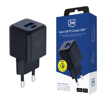 3mk Hyper GaN Charger 20W USB-C USB-A QC4+ PD PPS Wall Charger - Black