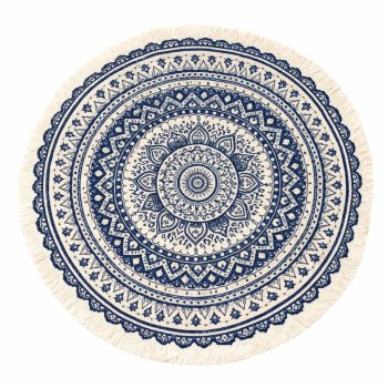 Round Boho Area Rug with Tassels 95 cm, Navy & Grey